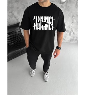 Erkek Tişört Kısa Kol Bisiklet Yaka Katlanan HANIMCI Baskılı T-Shirt - Siyah