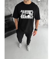 Erkek Tişört Kısa Kol Bisiklet Yaka Katlanan HANIMCI Baskılı T-Shirt - Siyah