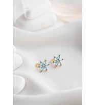 925 Ayar Gümüş Gold Kaplama Mavi Zirkon Taşlı Lotus Çiçeği Küpe