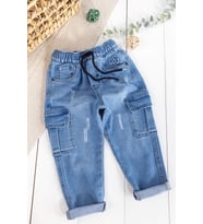 Kargo Cepli Denim Kumaş Beli Lastikli Erkek Çocuk Kot Pantolon (Mavi)