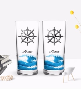 BK Gift Kişiye Özel Renkli Baskılı Dümen Tasarımlı İkili Rakı Bardağı Seti-1 (Beyaz)