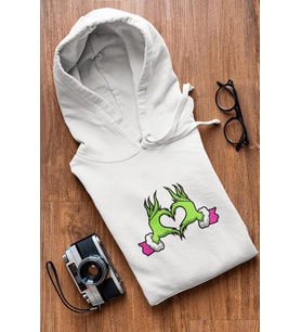 Grinch Happy New Year Pembe Kalp Kapşonlu Sweatshirt (Siyah)