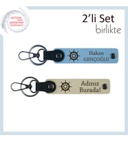 Denizcilik Temalı Kişisel Tasarım, Gemi Dümeni Motifli Deri Anahtarlık Seti, Gök Mavi-Sütlü Kahve