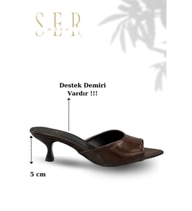 Sermoda Topuklu Kadın Terlik - 5 cm İnce Topuklu Kadın Terlik Kahve Yanki