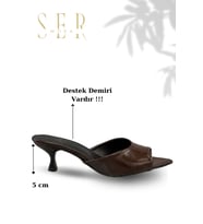 Sermoda Topuklu Kadın Terlik - 5 cm İnce Topuklu Kadın Terlik Kahve Yanki