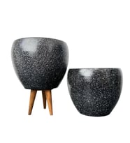 Bitki Tasarımı Siyah Granit Toprak Saksı Saksılık Salon Çiçeklik İkili Set Ayaksız - 3 Ayaklı- 15 CM