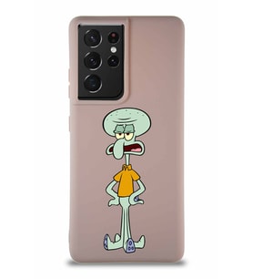 Samsung Galaxy S21 Ultra Soft Premier Kapak Squidward Dokunaç Tasarımlı Silikon Kılıf - Pudra (Şeffaf)