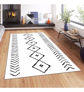 Geometrik Çizgi Kilim Desenli Bohem Dijital Baskı Yıkanabilir Kaymaz Taban Salon Halısı ve Yolluk (Beyaz-Siyah)