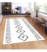 Geometrik Çizgi Kilim Desenli Bohem Dijital Baskı Yıkanabilir Kaymaz Taban Salon Halısı ve Yolluk (Beyaz-Siyah)
