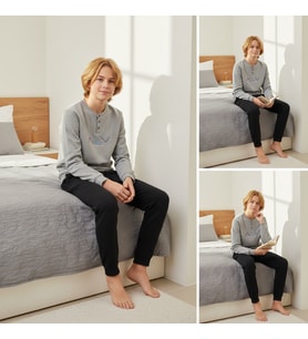 Genç Erkek Pamuklu Gri Melanj Renk Pijama Takımı AL009 V1 BB2440
