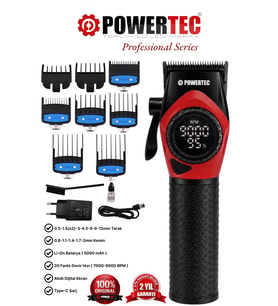 Powertec TR-5100 Profesyonel Saç Tıraş Makinesi 9000 RPM Dijital Ekran Şarjlı Berber Tipi Clipper Kırmızı