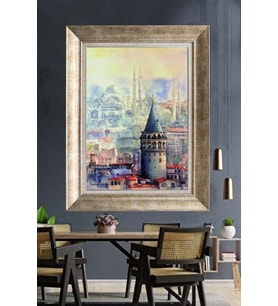 Tablore Suluboya Galata Kulesi Ve İstanbul Manzaralı Çerçeveli Kanvas Tablo Sanatsal Duvar Dekoru