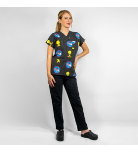 Unisex Tweety Desenli Likralı Hemşire Doktor Cerrahi Üniforma Takım (Siyah)