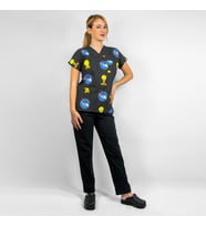 Unisex Tweety Desenli Likralı Hemşire Doktor Cerrahi Üniforma Takım (Siyah)