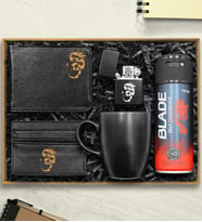 Ejder Motifli Erkek Aksesuar Hediye Seti (Zippo Tarzı Çakmak & Deodorant & Cüzdan & Kartlık & Kupa) (Siyah)