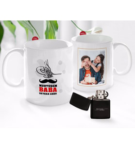 BK Gift Kişiye Özel Babalar Günü Hediyesi Fotoğraflı Kupa Bardak ve Benzinli Çakmak Seti-67 (Model 1)
