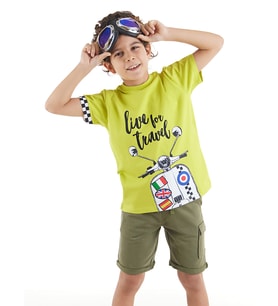 Motosiklet Turu Erkek Çocuk T-Shirt Şort Takım (Haki-Yeşil)