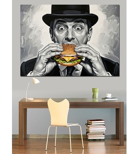 Hamburger Yiyen Karizmatik Modern Adam Dekoratif Kanvas - Mdf Ahşap Tablo