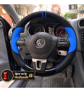 Vw Amarok Dikme Direksiyon Kılıfı Delikli Deri Parlak Siyah Mavi Detay Çift Yüzük ve Dikiş 2010-2016