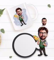 BK Gift Kişiye Özel Erkek Ressam Karikatürlü Beyaz Kupa ve Ahşap Bardak Altlığı Hediye Seti-1