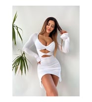Flare Kollu Seksi Bodycon Beyaz Mini Elbise