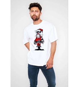 pilelistore- Unisex Bisiklet Yaka Baskılı Oversize T-Shirt - Beyaz