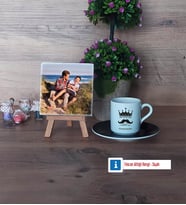 Babalar Günü Hediyesi Fotoğraflı Dekoratif Taş, Ahşap Altlıklı Türk Kahvesi Fincanı Hediye (Model 7)