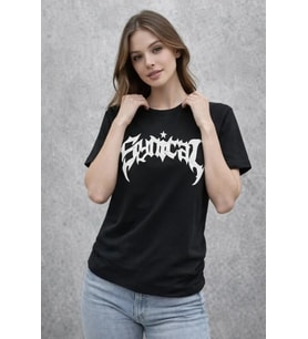 Bisiklet Yaka Ön Baskılı Kısa Kollu Tişört Streetwear Günlük Basic Pamuklu T-shirt - Siyah