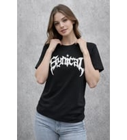 Bisiklet Yaka Ön Baskılı Kısa Kollu Tişört Streetwear Günlük Basic Pamuklu T-shirt - Siyah