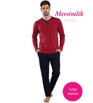 Erkek 3 Düğmeli %100 Pamuk Mevsimlik Uzun Kol Cepli Pijama Takımı (Kırmızı)