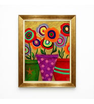 Tablore Renkli Pop Art Çiçekler Altın Çerçeveli Kanvas Tablo Salon Oturma Odası Duvar Dekorasyonu