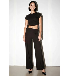Kadın Kısa Kollu Bisiklet Yaka Crop Top İspanyol Paça Flare Pantolon Likralı Örme Takım Günlük Rahat