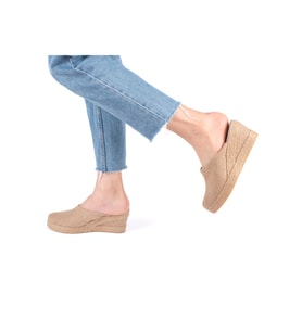 Gerçek Elişi Platformlu Burnu Kapalı Elişi Hasır Keten 9cm Topuk Sabo Terlik Handmade