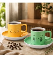 BK Gift 2'li Sarı ve Yeşil Renkli Emoji Yüz Tasarımlı Seramik Türk Kahvesi Fincanı Takımı-9