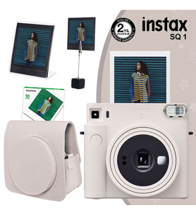 Instax SQ1 Beyaz Fotoğraf Makinesi 10lu Kare Film Deri Kılıf Pleksi Çerçeve ve Kıskaçlı Stand
