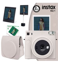 Instax SQ1 Beyaz Fotoğraf Makinesi 10lu Kare Film Deri Kılıf Pleksi Çerçeve ve Kıskaçlı Stand