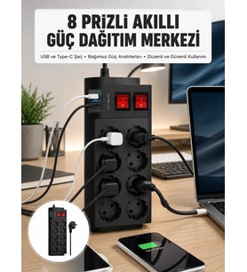 2 Metre Güçlü Çoklu Priz 8 Soket Yeni Nesil