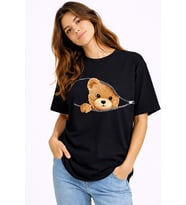 Fermuarlı Ayıcık Baskılı Kadın Tişört Oversize Sevimli Teddy Bear Baskılı Pamuk T-Shirt (Siyah)