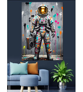 Uzayda Renkli Grafiti Yapan Astronot Dekoratif Kanvas - Mdf Ahşap Tablo