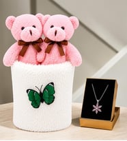 Peluş Saksıda Peluş Ayıcık Buketi ve Gerçek Pembe Ametist Taşlı Lotus Kolye Kadına Sevgiliye Hediye