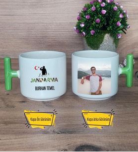 Kişiye Özel Jandarma Kupa Bardak Fotoğraflı T Yeşil Kulplu Askeri Personele Hediye, Jandarmaya Hediye