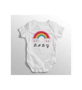 Gökkuşağı Resimli Baby Yazılı Baskılı Bebek Zıbını