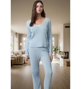Rahat ve Şık Kadın Pijama Takımı Örme Kumaş Renk Geniş Paça Yüksek Kalite Özel Tasarım (Bebe Mavisi)