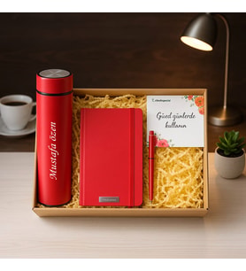 Kişiye Özel Premium Kırmızı Defter Termos Kalem Kutulu Hediye Seti