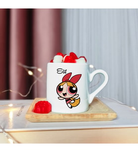 Power Puff Girls Blossom Tasarımlı Ahşap Tabaklı Kişiye Özel Türk Kahvesi Fincanı