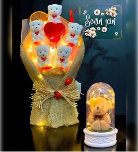 Premium Hediye Seti  Led Işıklı Peluş Ayıcıklı Fanus ve Led Işıklı Ayıcık Buketi