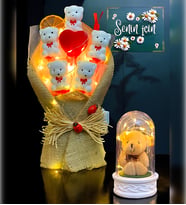Premium Hediye Seti  Led Işıklı Peluş Ayıcıklı Fanus ve Led Işıklı Ayıcık Buketi
