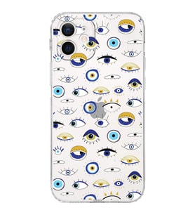 PrintiFy iPhone 12 ile Uyumlu Nazar Boncuğu 2 Baskılı Kamera Korumalı Şeffaf Silikon Kılıf
