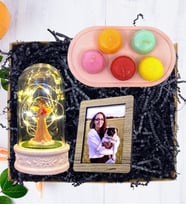 Kişiye Özel Fotoğraflı Şans Melekli Işıklı Fanus & Makaron Mum Seti