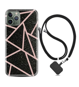 Apple iPhone 11 12 13 14 Pro Max Kılıf Boyun Askılı Silikon Pembe Şeritli Mermer 1312